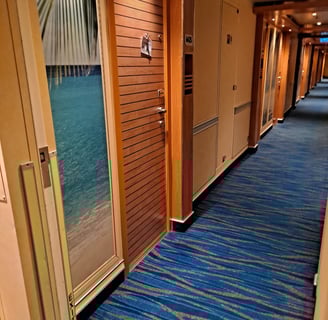 Cruise hallway with cabin doors shown