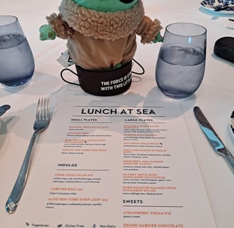 Little Green Companion sitting on table with Lunch menu in front of him