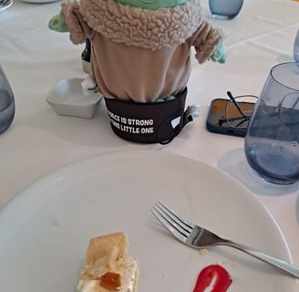 a little green companion standing on table in front of a plate with a slice of cheesecake on it