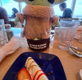 Little green companion on table in front of plate with Strawberry blintz