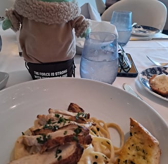 Little Green companion standing in front of a plate of chicken fettuccini alfredo