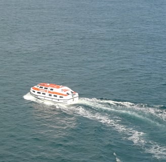 a life boat ferrying guests to port