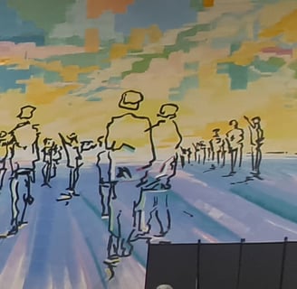 Mural of outlined people walking 