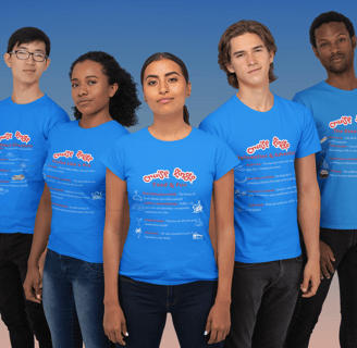 Five young people each wearing a different "Cruise Lingo" shirt.