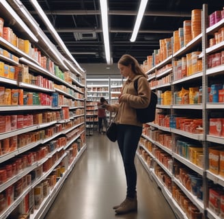 A person stands in the aisle of a store, browsing items on the shelves while looking at their phone. The shelves are filled with various snacks and packaged goods. Overhead fluorescent lights illuminate the space, and there is signage advertising discounts.