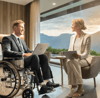 Rollstuhlfahrer sitzt einer Dame bei einem Beratungsgespräch in einem Hotelzimmer gegenüber