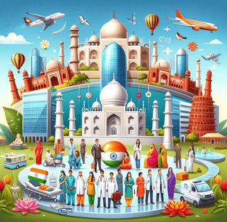 An illustration showcasing medical tourism in India, featuring a modern hospital in the background with the iconic Taj Mahal.