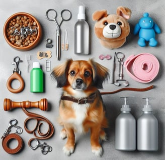 An assortment of essential items for dogs and also grooming tools.