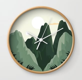 Jagged Green Mountains with Palm Framing Wall Clock BY Fresh Wave Lab