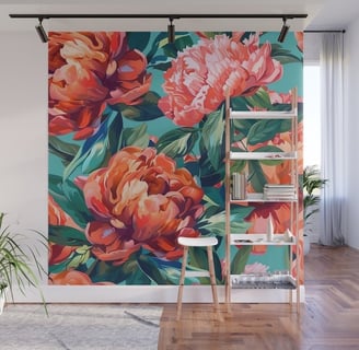 Vibrant Peony Floral Pattern on Teal Background Wall Mural BY Mash Mash