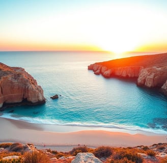 Milos Island beaches, crystal-clear turquoise waters lapping against white sandy shores, dramatic cl