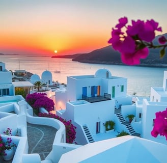 "Stunning view of Milos Island hotels, featuring a mix of traditional whitewashed architecture and m