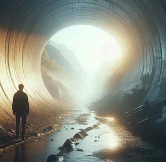 A man standing in a tunnel seeing light ahead, symbolizing the journey of meditation to reduce anxiety and find inner peace.