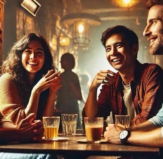 Friends enjoying a conversation at a cozy cafe, radiating positivity and maintaining a supportive and uplifting atmosphere.