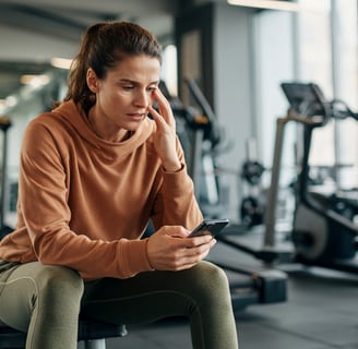 vrouw die op een bankje zit in de sportschool met een gsm in haar hand