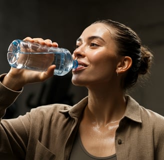 vrouw met een fles water in haar hand en drinkt water