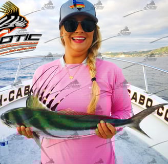a woman in a pink shirt is holding a fish fish