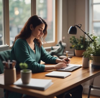 woman sitting beside table inside room