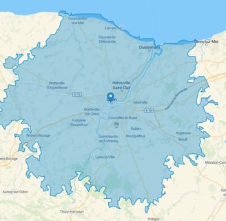 Carte de la zone d’intervention de BnB Propreté à Caen et dans un rayon de 25 km