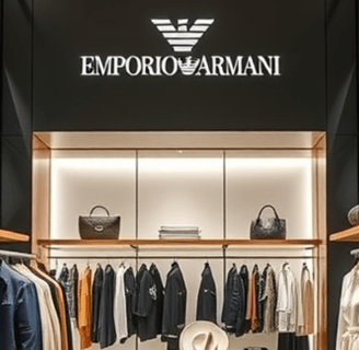 Inside an Emporio Armani boutique, sleek lines and modern silhouettes exude understated luxury.