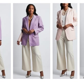 A woman wearing a lilac double-breasted jacket and wide-leg cream pants.