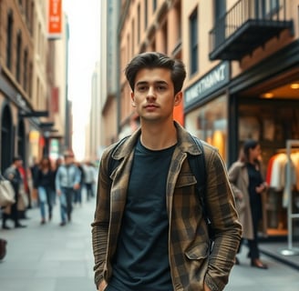 a man in a jacket and jeans standing in a city