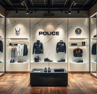 The image showcases a sleek and modern retail space for the Italian fashion brand Police.