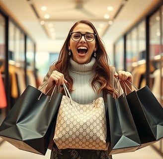 A woman excited and holding luxury shopping bags