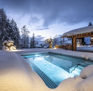 Hotel Pool mit einer schneebedeckten Landschaft 
