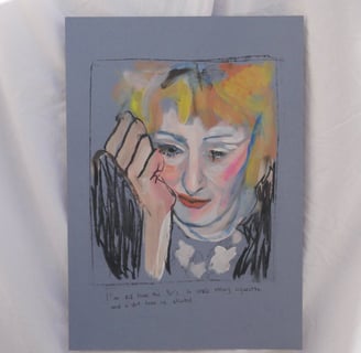 a painting of a woman with blonde hair and a blue dress. painting acrylic emerging artist marseille