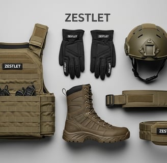 combat uniforms, plate carriers, modular pouches, tactical boots, gloves, helmets, and hydration systems.