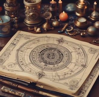 An open book with a vintage celestial and zodiac theme rests on a soft, textured fabric background. Next to the book is a deck with the label 'Astrology' featuring an image of the night sky and silhouettes of two figures. The book pages show intricate designs with celestial maps and astrology symbols.