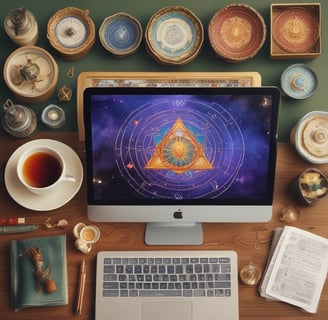 A small astrology book is placed on top of an open journal with celestial and map designs. There is also a small notepad displaying phases of the moon and a larger book with a green and gold ornate cover in the background.