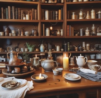 A collection of vintage-like astrology-themed items featuring an astrology book or card on top of celestial maps. The design includes circular and linear patterns reminiscent of old astronomical charts. A large, dried brown leaf is placed beside these items, contrasting with the soft textured surface beneath.