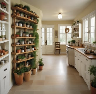 a kitchen with a lot of potted plants in pots