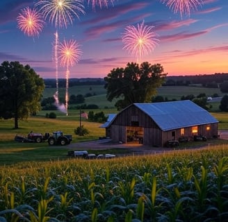 a barnyard with fireworks in the background
