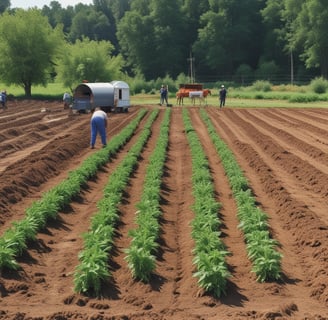 A vast agricultural field stretches under a bright blue sky filled with scattered white clouds. In the foreground, the top of a tractor is visible, surrounded by green crops and dry soil.