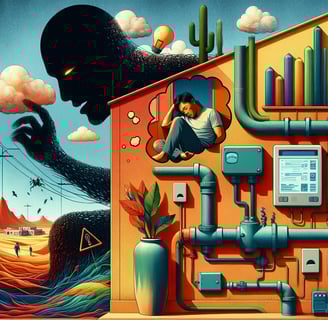 a man sitting on a building with a giant monster fish in the background