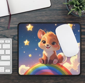 a mouse pad with a cute little fox, cozy, gamer, anime, cartoon