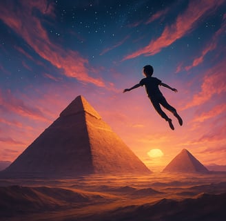 Child flies over pyramids at sunset—Redurb Dream Guides decodes ancient dream symbolism.