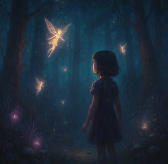 Girl sees glowing fairies in forest—Redurb Dream Guides reveals dream meaning and imagination.