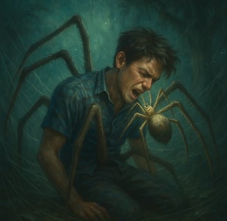 Man trapped in web with spider—Redurb Dream Guides reveals hidden fears in dream interpretation.