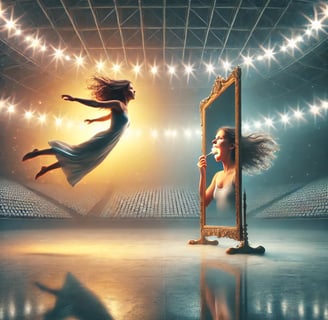 Woman flying into mirror—Redurb Dream Guides explores dream identity and interpretation.