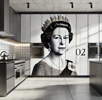 a kitchen with a large picture of a queen elizabeth ii portrait of queen elizabeth ii