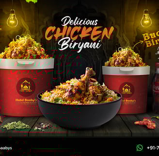 Social media poster showcasing a steaming bowl of biryani garnished with herbs and fried onions