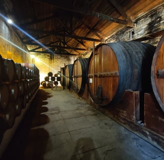 a bunch of barrels stacked on top of each other
