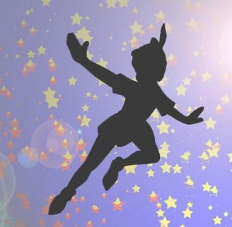 Silueta de Peter Pan volando entre estrellas doradas, fondo mágico púrpura, musical Teatro Olympia