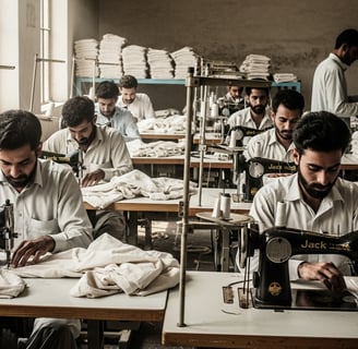 Tailors manufacturing bee jackets inside Heliotrope Bee factory in Sialkot.