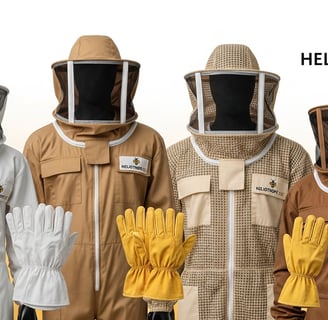 Product lineup of beekeeping suits and jackets made by Heliotrope Bee