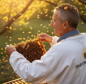 Beekeeper in ventilated bee suit by Heliotrope Bee working around hives.